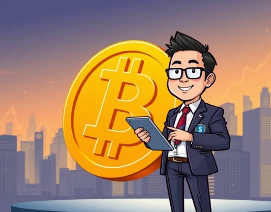 A cartoon illustration showing a Japanese executive next to a large Bitcoin, symbolizing Metaplanet Bitcoin investment growth and strategic corporate holdings.