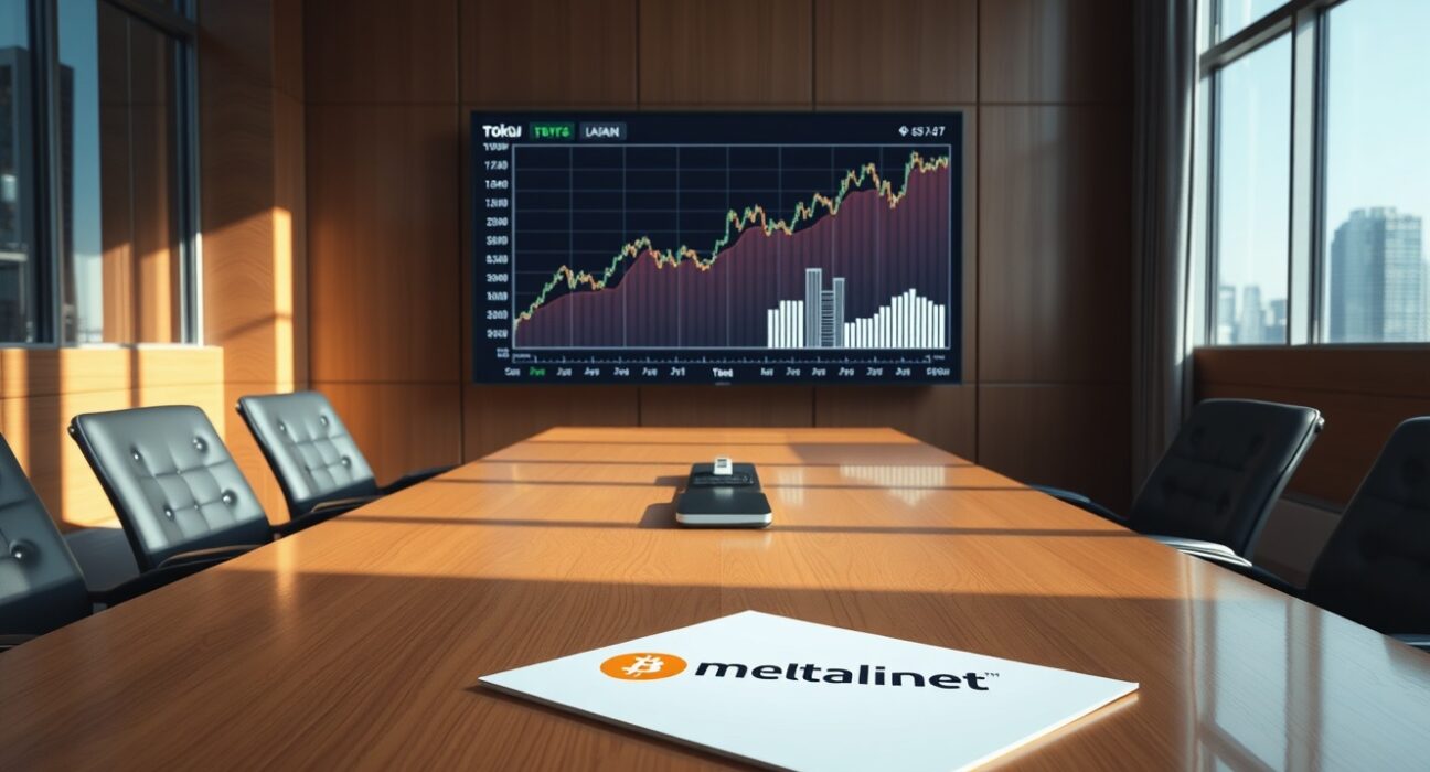 Bitcoin price chart displayed on a screen in a Tokyo corporate boardroom with Metaplanet documents on the table.