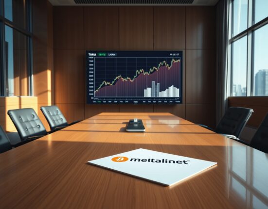 Bitcoin price chart displayed on a screen in a Tokyo corporate boardroom with Metaplanet documents on the table.