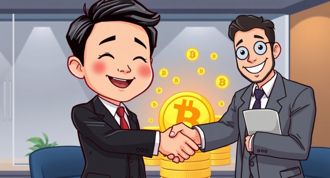 Cartoon illustration of a Metaplanet executive securing a Metaplanet Bitcoin loan, symbolizing corporate growth and strategic financing.