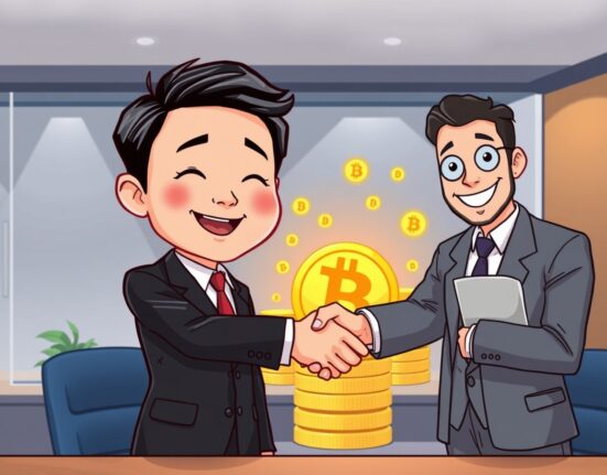 Cartoon illustration of a Metaplanet executive securing a Metaplanet Bitcoin loan, symbolizing corporate growth and strategic financing.