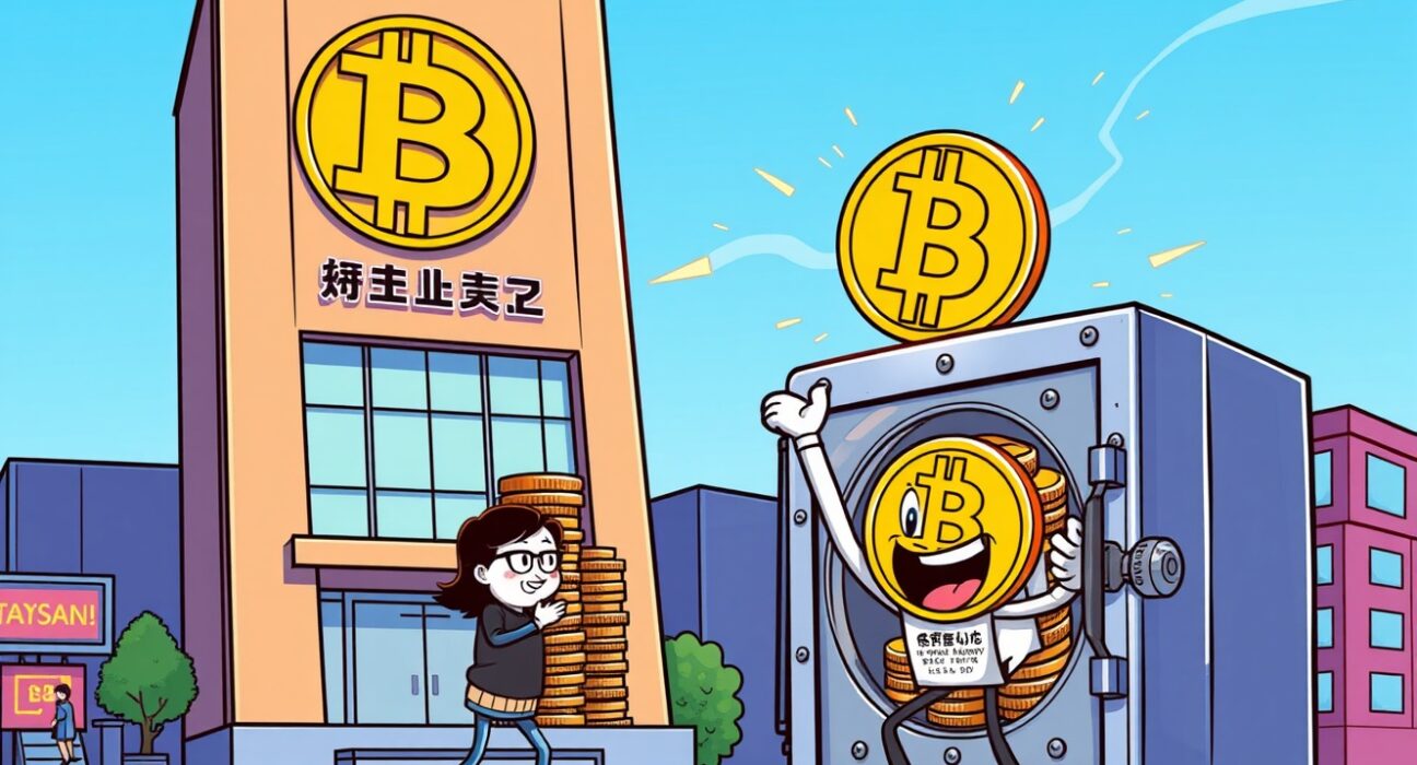 A cartoon illustration showing a successful Metaplanet Bitcoin purchase, symbolizing strategic corporate treasury growth.