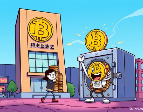A cartoon illustration showing a successful Metaplanet Bitcoin purchase, symbolizing strategic corporate treasury growth.