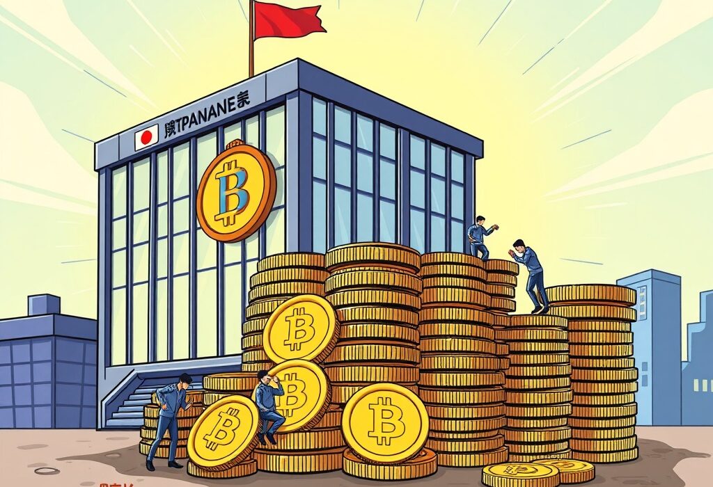 A cartoon illustration showing a company accumulating a large stack of Bitcoin, symbolizing Metaplanet Bitcoin accumulation and growth.