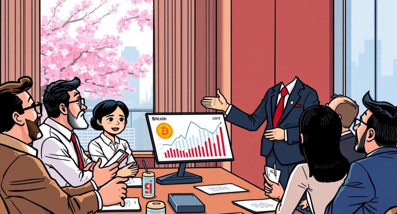 Metaplanet Bitcoin strategy presentation to Japanese shareholders in corporate boardroom