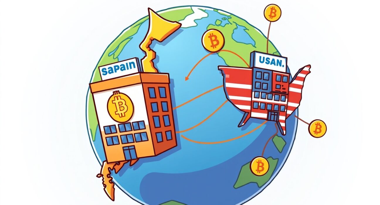A cartoon illustration showing Metaplanet Bitcoin's strategic expansion into Japan and the U.S. with new subsidiaries.