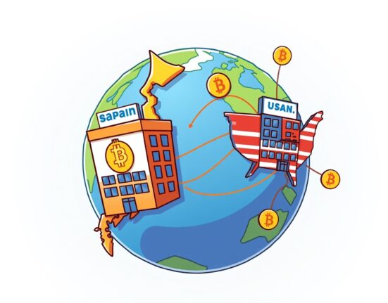A cartoon illustration showing Metaplanet Bitcoin's strategic expansion into Japan and the U.S. with new subsidiaries.