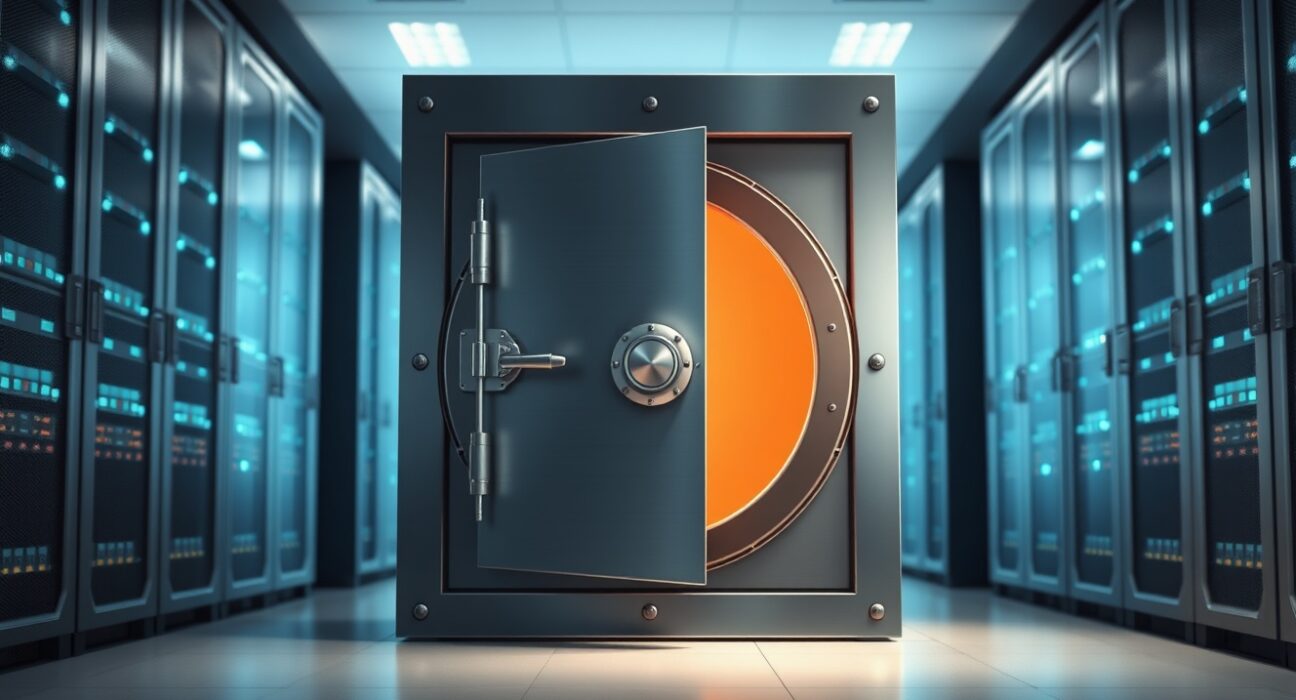Secure digital vault representing MetaPlanet's significant Bitcoin fund relocation and cryptocurrency storage.
