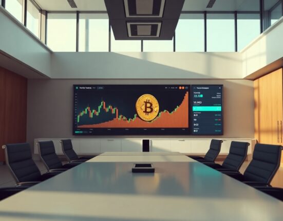 Corporate Bitcoin treasury management dashboard with wallet interface on screen