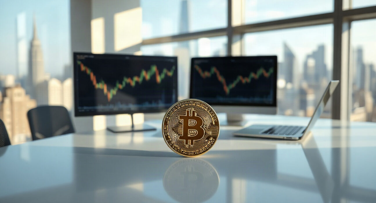 Bitcoin coin on a desk in a corporate office, symbolizing Metaplanet's long-term BTC holding strategy.