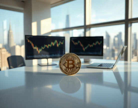 Bitcoin coin on a desk in a corporate office, symbolizing Metaplanet's long-term BTC holding strategy.