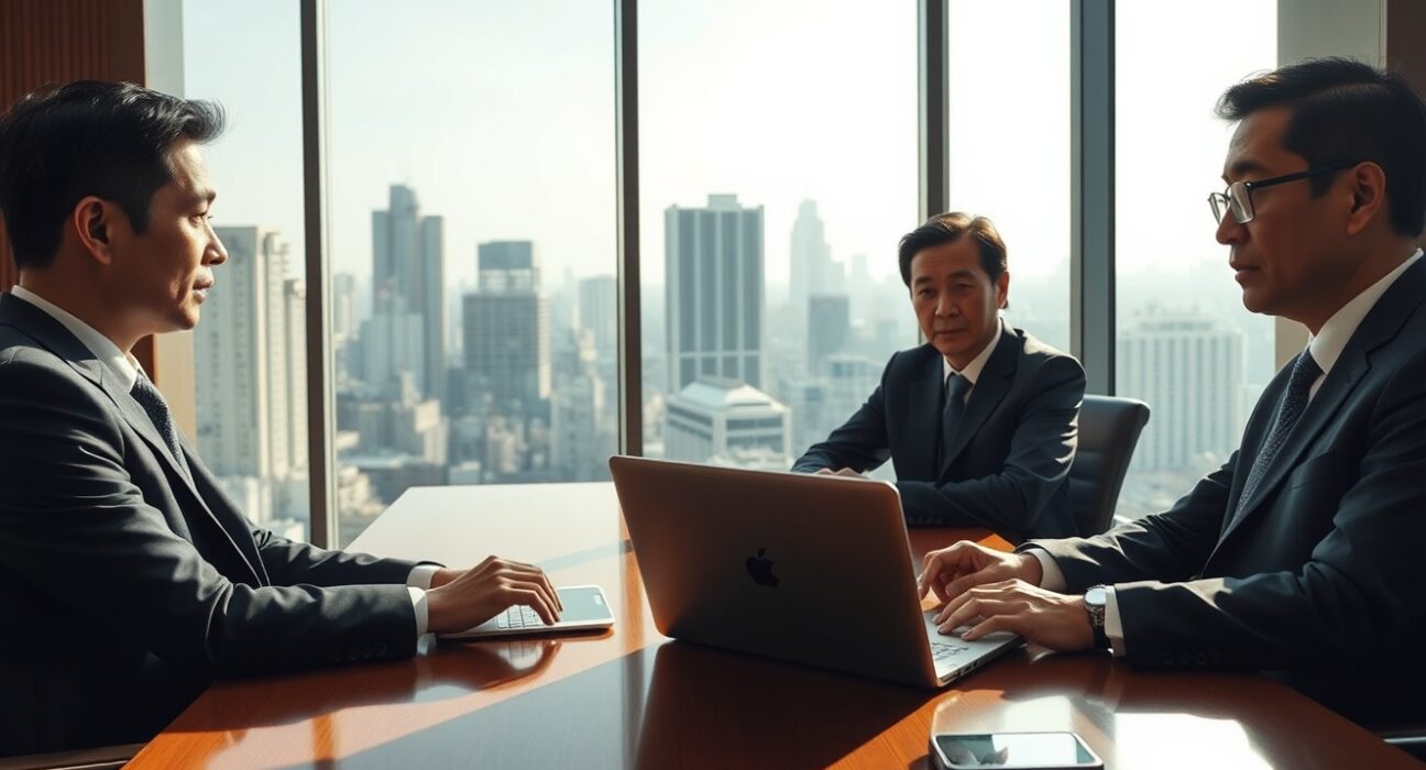 Metaplanet CEO Simon Gerovich meeting with Japanese LDP lawmaker Junichi Kanda in a Tokyo conference room.