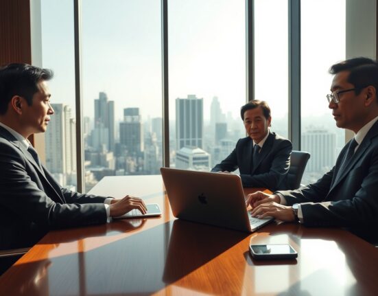 Metaplanet CEO Simon Gerovich meeting with Japanese LDP lawmaker Junichi Kanda in a Tokyo conference room.