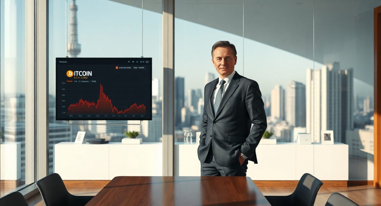 Metaplanet CEO Simon Gerovich in a Tokyo boardroom discussing Bitcoin returns strategy