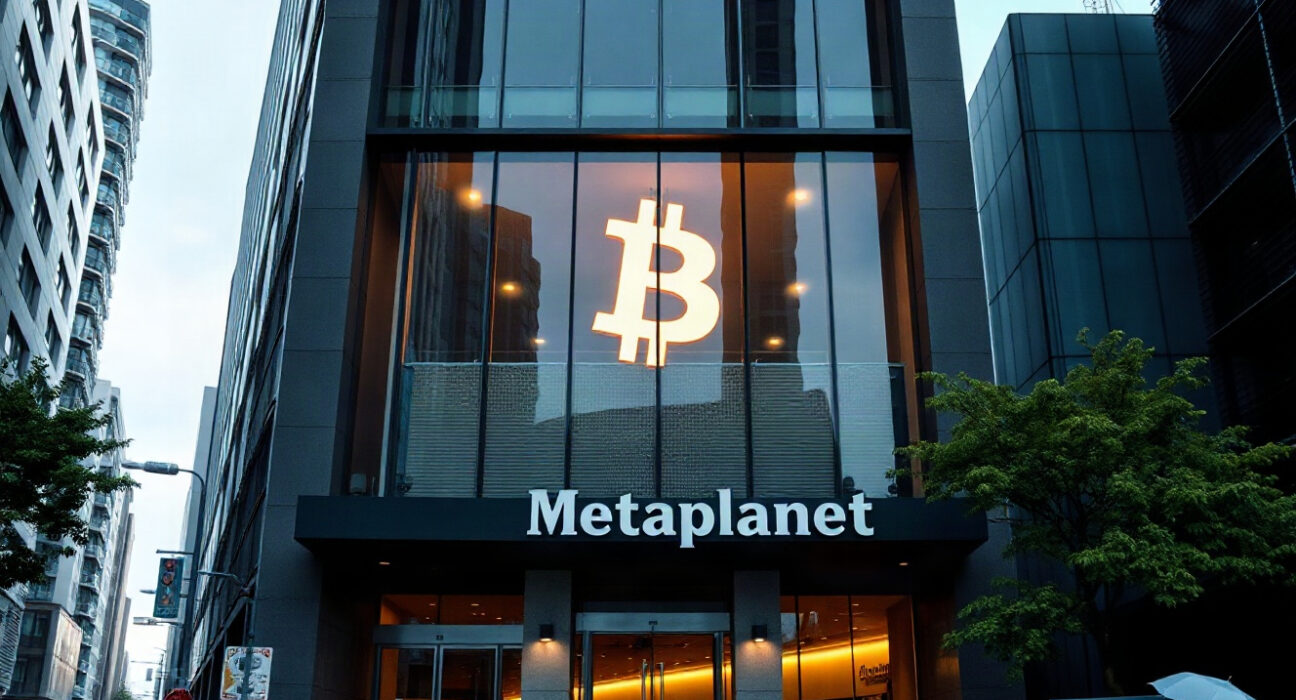 Metaplanet corporate headquarters in Tokyo, with a subtle Bitcoin symbol visible on a digital screen, representing its Bitcoin treasury strategy.