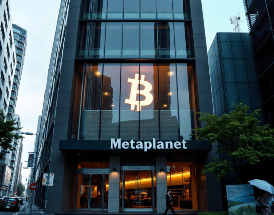 Metaplanet corporate headquarters in Tokyo, with a subtle Bitcoin symbol visible on a digital screen, representing its Bitcoin treasury strategy.