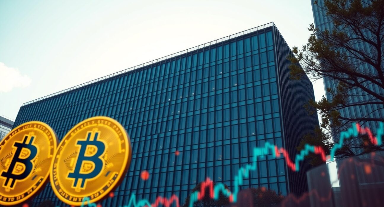 Modern corporate office building in Tokyo with digital Bitcoin and stock chart overlays