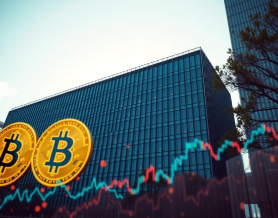Modern corporate office building in Tokyo with digital Bitcoin and stock chart overlays