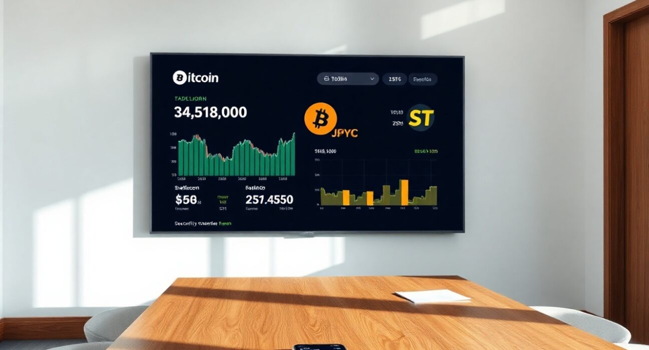 Corporate boardroom in Tokyo with a digital screen showing Bitcoin, JPYC, and security token data for Metaplanet's digital credit study