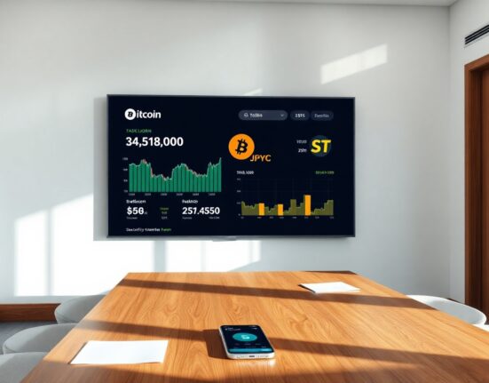 Corporate boardroom in Tokyo with a digital screen showing Bitcoin, JPYC, and security token data for Metaplanet's digital credit study