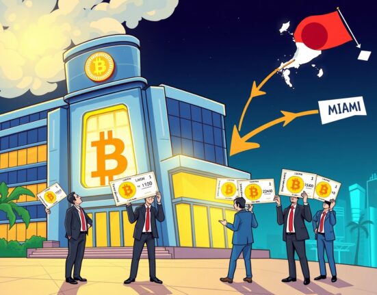 Metaplanet dividend shares strategy connecting Japanese Bitcoin adoption with global institutional investors in vibrant cartoon style.
