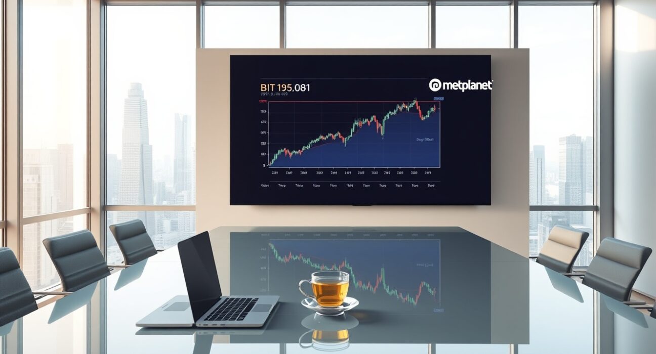 Tokyo boardroom with Bitcoin price chart on digital screen and Metaplanet branding