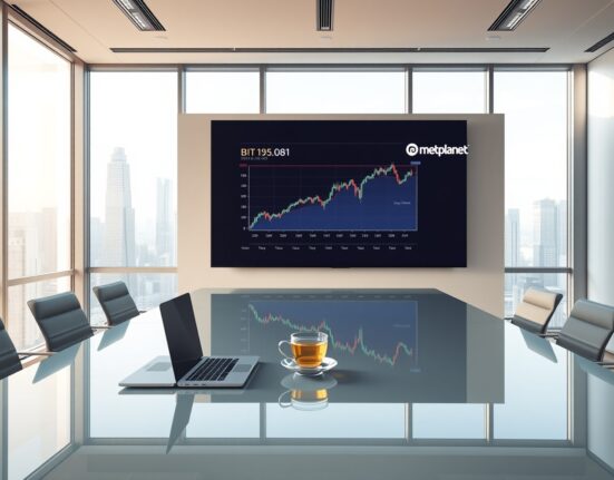 Tokyo boardroom with Bitcoin price chart on digital screen and Metaplanet branding