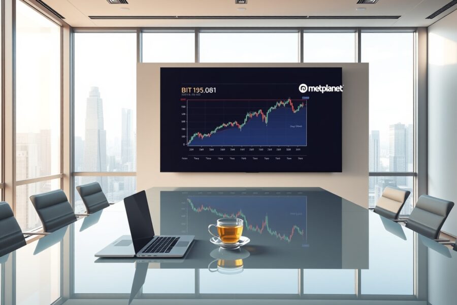 Tokyo boardroom with Bitcoin price chart on digital screen and Metaplanet branding
