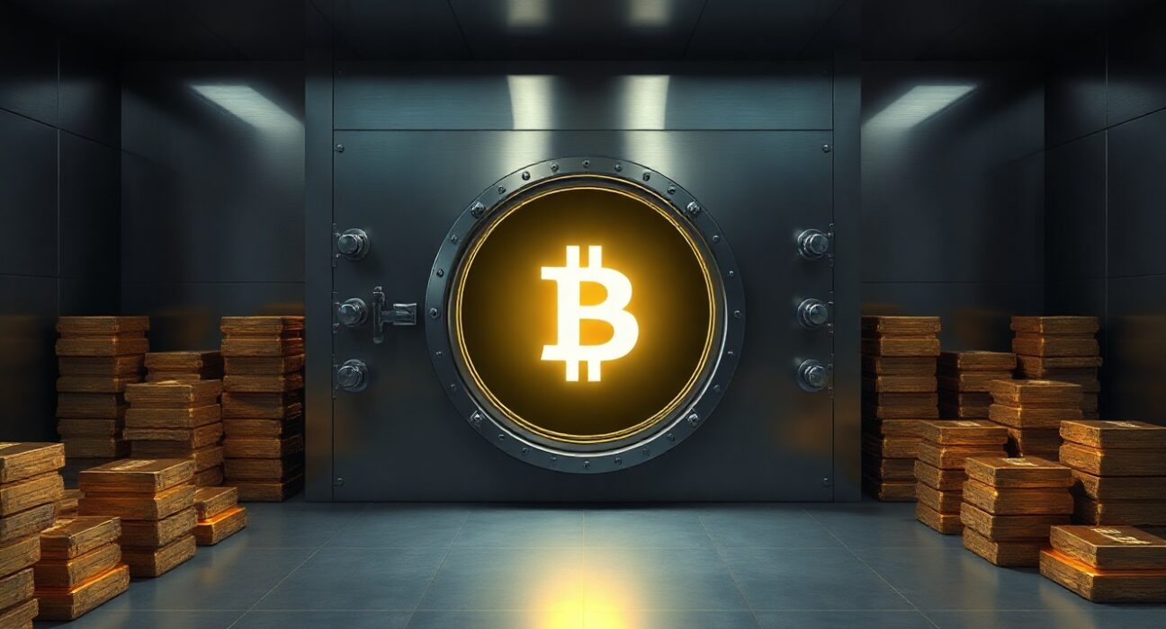 Secure vault with Bitcoin symbol representing large institutional Bitcoin transfers