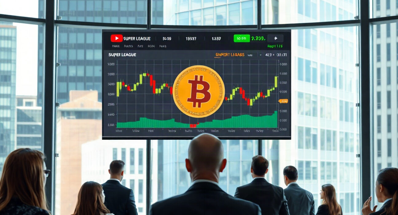 Business professionals reviewing Bitcoin charts on a large screen in a modern office