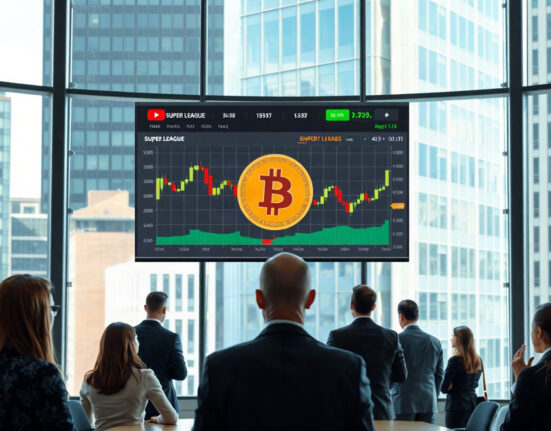 Business professionals reviewing Bitcoin charts on a large screen in a modern office
