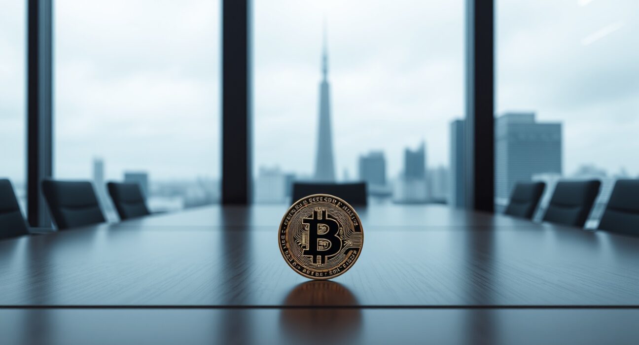A single Bitcoin coin on a table in a Tokyo office boardroom with city skyline in background