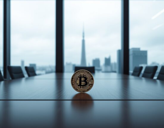 A single Bitcoin coin on a table in a Tokyo office boardroom with city skyline in background