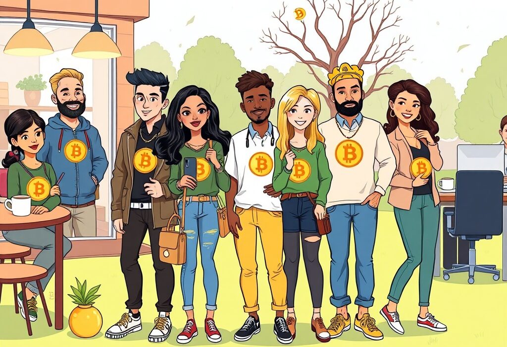 A cartoon illustration depicting people enjoying the Metaplanet PlanetGear store, showcasing how Bitcoin culture integrates into daily life through stylish crypto merchandise.