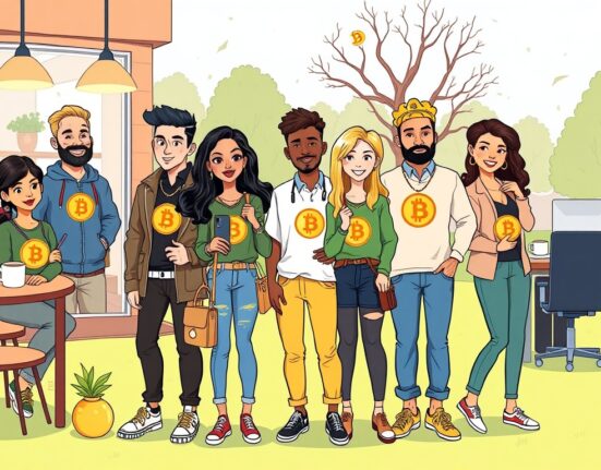 A cartoon illustration depicting people enjoying the Metaplanet PlanetGear store, showcasing how Bitcoin culture integrates into daily life through stylish crypto merchandise.