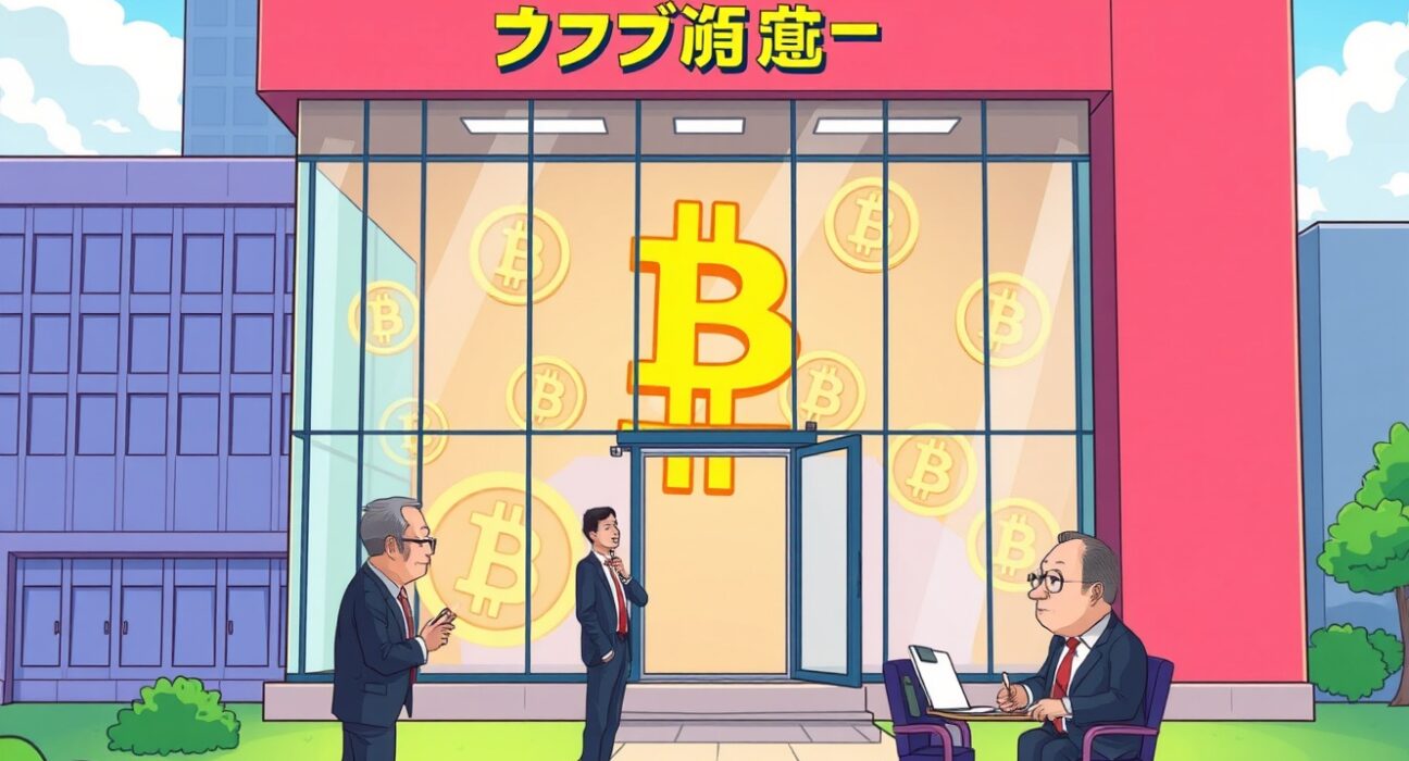 Metaplanet regulatory investigation transparency shown through corporate building with visible Bitcoin reserves