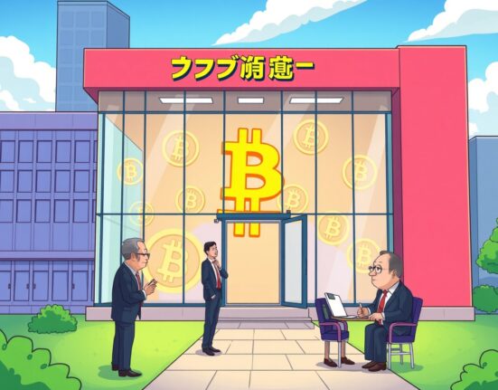 Metaplanet regulatory investigation transparency shown through corporate building with visible Bitcoin reserves