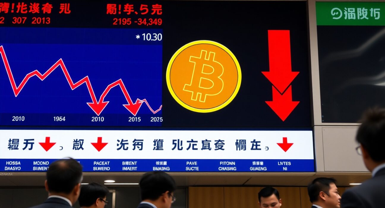 Japanese stock exchange board showing Metaplanet stock decline with Bitcoin logo