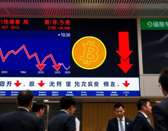 Japanese stock exchange board showing Metaplanet stock decline with Bitcoin logo