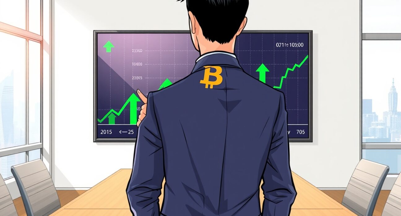 Metaplanet Bitcoin strategy leader in Tokyo boardroom with digital price chart opposing TOPIX exclusion