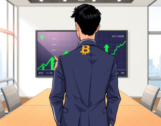 Metaplanet Bitcoin strategy leader in Tokyo boardroom with digital price chart opposing TOPIX exclusion