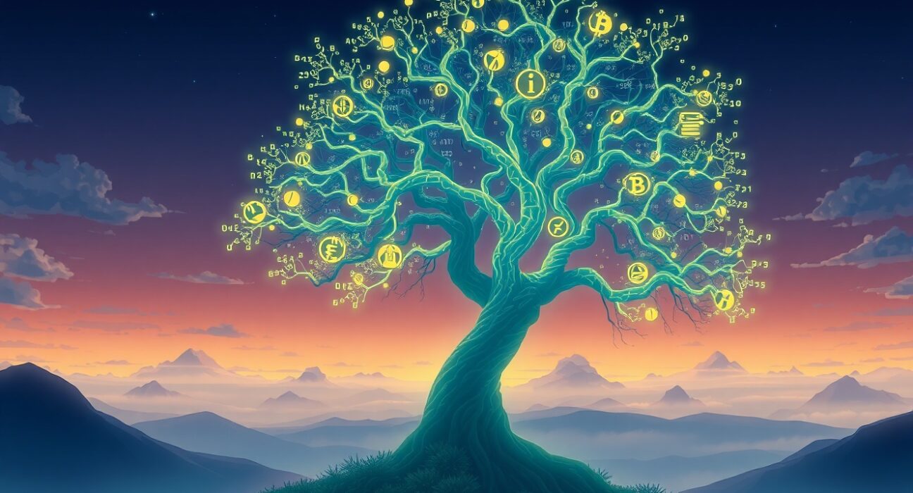 Meteora leads DeFi fee generation with $1.25 billion, visualized as a luminous data tree in a blockchain landscape.