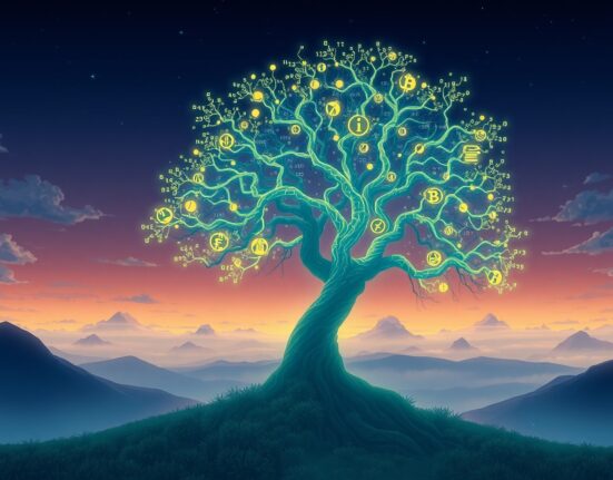 Meteora leads DeFi fee generation with $1.25 billion, visualized as a luminous data tree in a blockchain landscape.