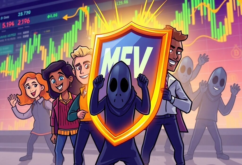 A futuristic shield protecting cryptocurrency traders on a decentralized exchange, symbolizing Angstrom's MEV protection features.