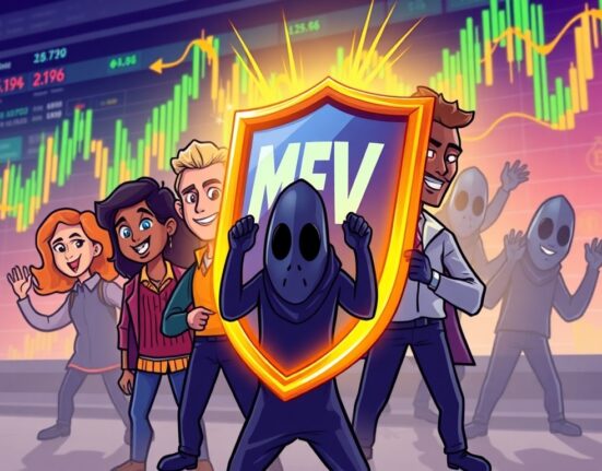 A futuristic shield protecting cryptocurrency traders on a decentralized exchange, symbolizing Angstrom's MEV protection features.