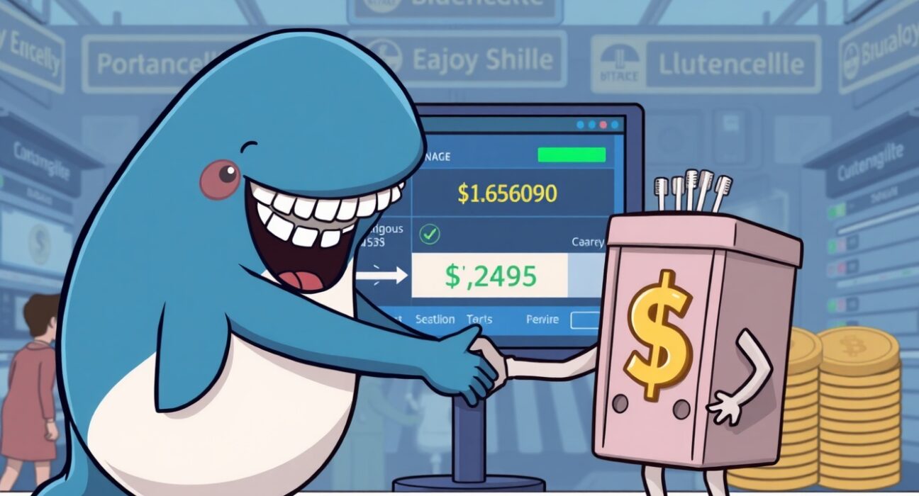 A cartoon whale and exchange representative resolving a MEXC dispute, symbolizing a successful fund recovery.