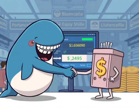 A cartoon whale and exchange representative resolving a MEXC dispute, symbolizing a successful fund recovery.