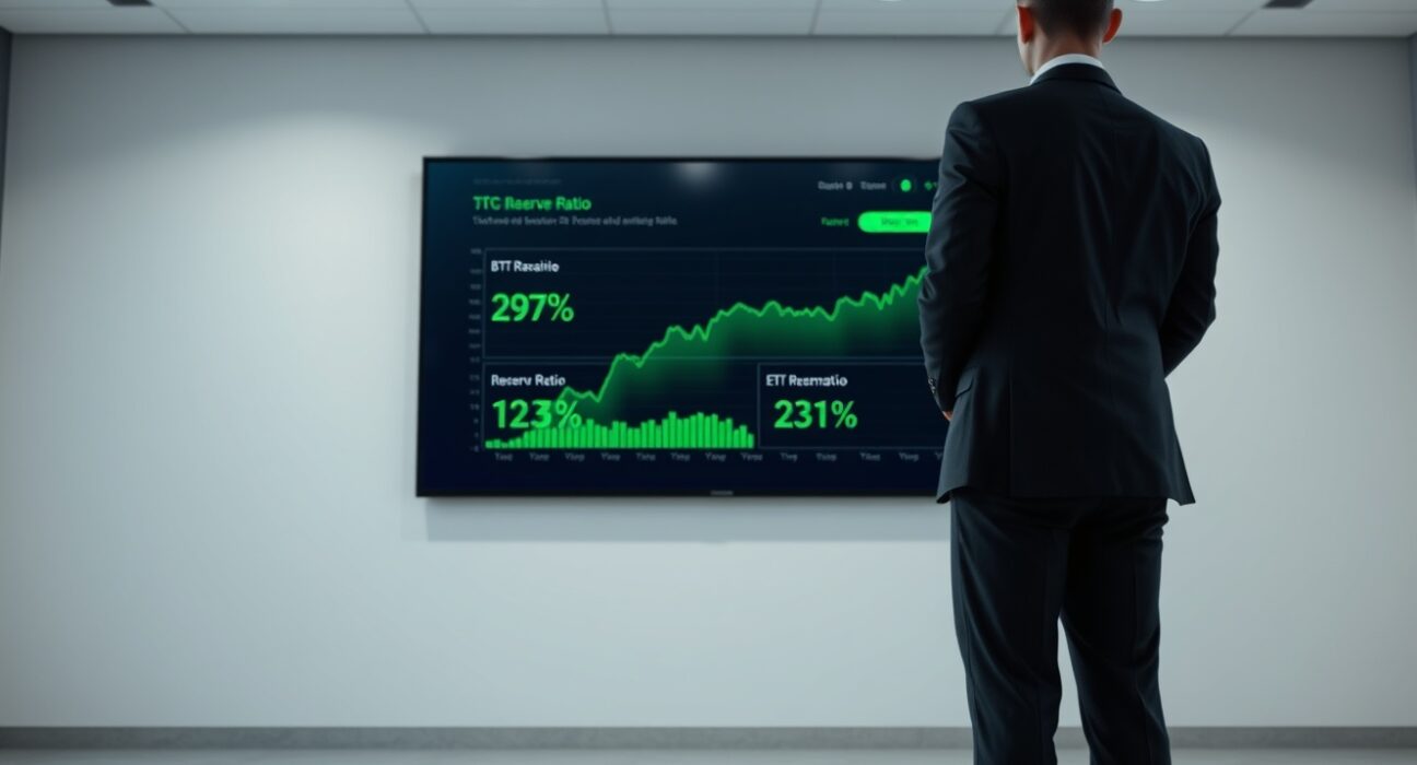 Financial analyst observing a digital dashboard showing MEXC's reserve ratios for BTC, ETH, USDT, and USDC