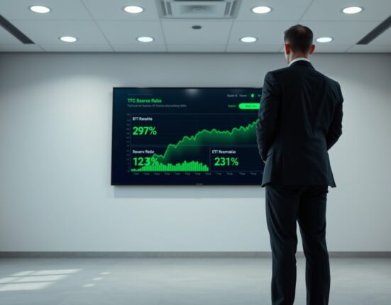 Financial analyst observing a digital dashboard showing MEXC's reserve ratios for BTC, ETH, USDT, and USDC