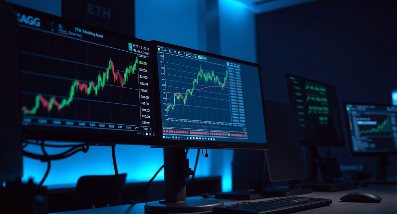 Trading desk monitors showing ETH and silver futures data with tight spreads